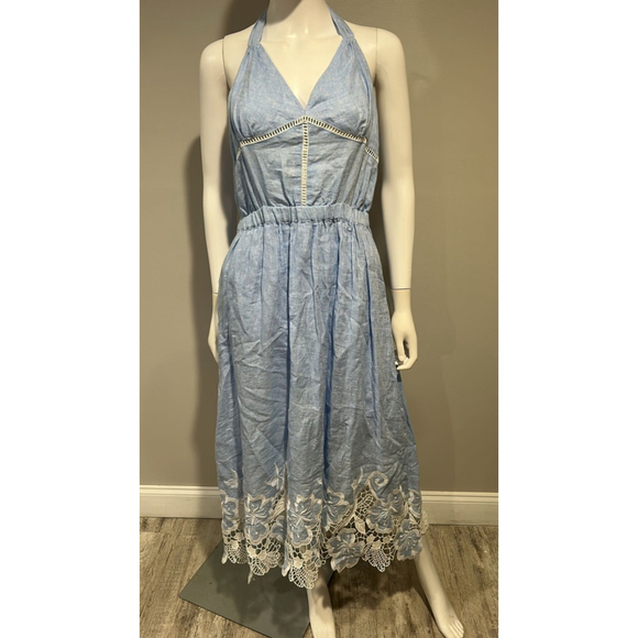 Ramy Brook Aubriella Blue and White Lace Trimmed Midi Dress Size Medium - Picture 10 of 11